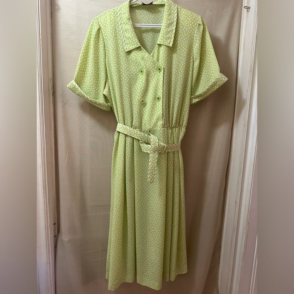 Vintage D’Allaird’s Women’s Polka Dot Belted Midi Shirt Dress Approx L Green 80s